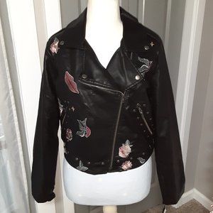 Women's Black MOTO Jacket with embroidery Size M $109.00.